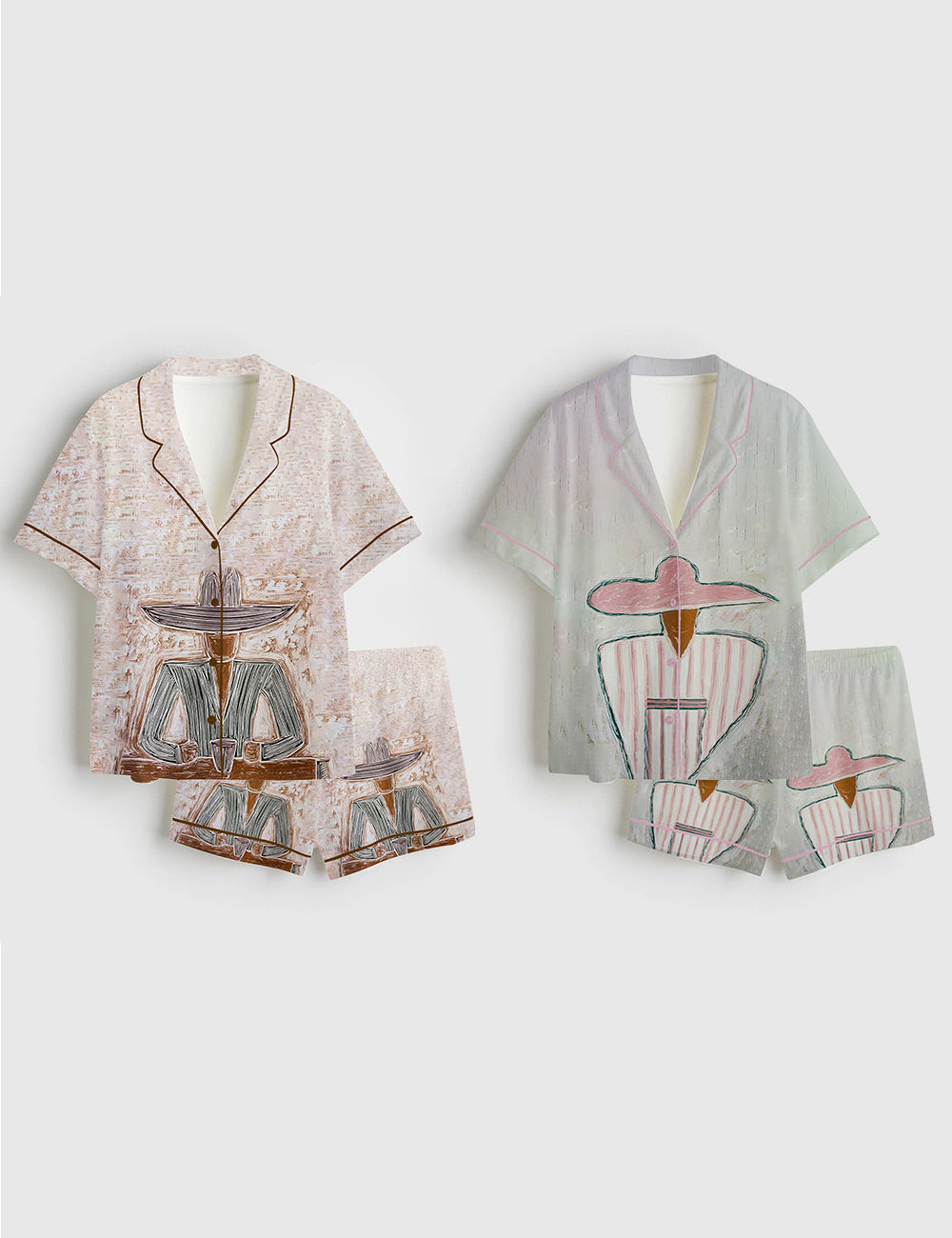 Women's Western Cowboy Abstract Man And Woman Art Modern Abstract Couple Portrait Art Short Sleeve Satin Pajama Set