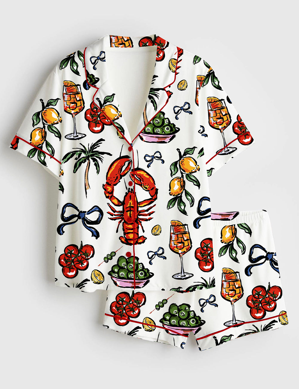 Women's French Lobster Summer Coastal Food Lover Short Sleeve Satin Pajama Set