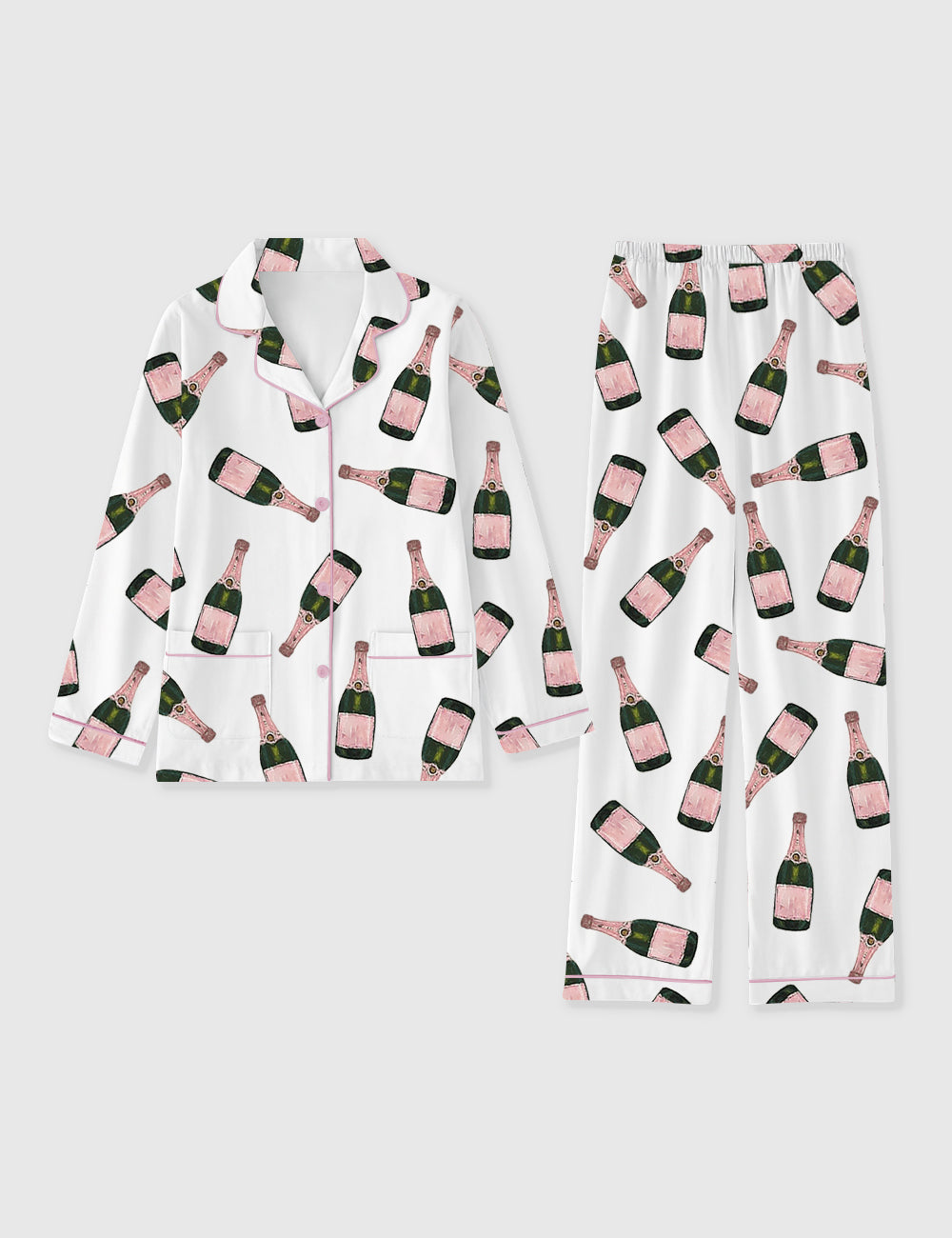 Women's Champagne Bottle Long Sleeve Pocket Cotton Pajama Set