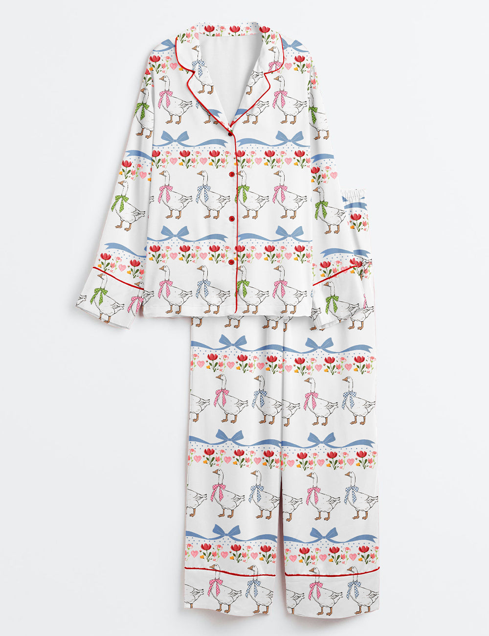 Women’s Vintage Goose Blue Ribon Trendy Cute Goose Print Long Sleeve Satin Pajama Set