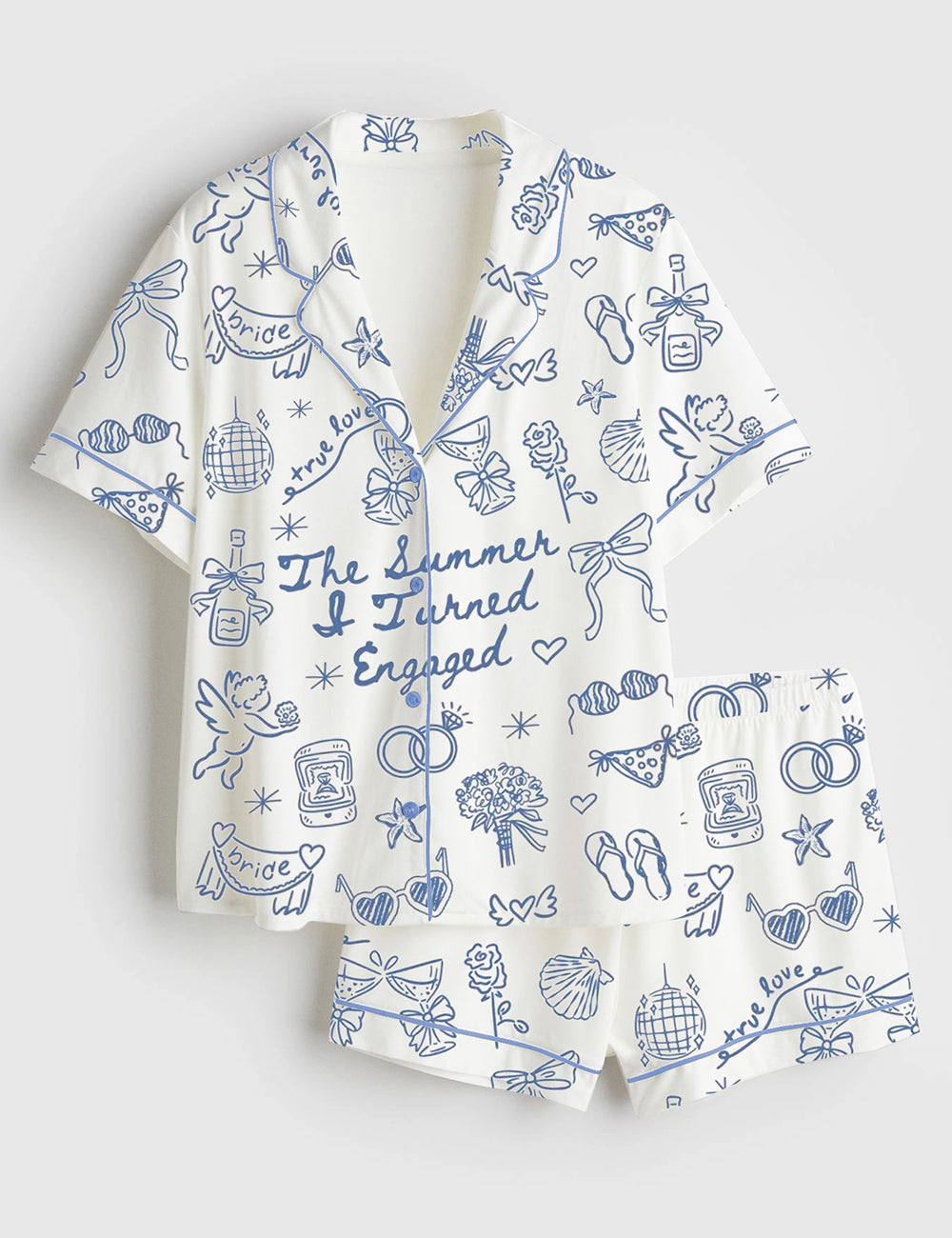 Women’s Summer I Turned Engaged Coastal Beach Bride Short Sleeve Satin Pajama Set