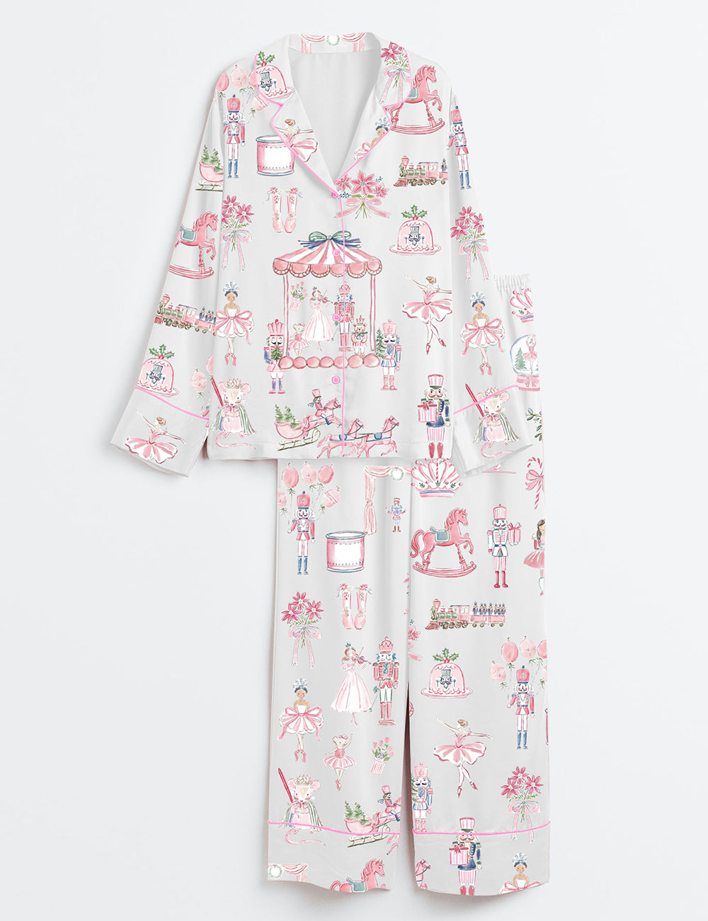 Women’s Pink Nutcracker Pastel Christmas Ballerina Holiday Long Sleeve Satin Pajama Set