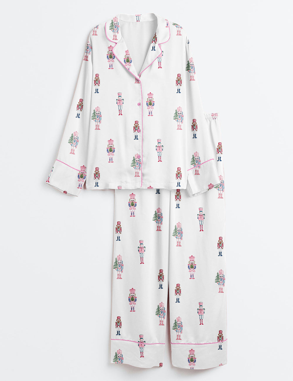 Women’s Nutcracker Pink Christmas Cute Holiday Nutcracker Print Long Sleeve Satin Pajama Set