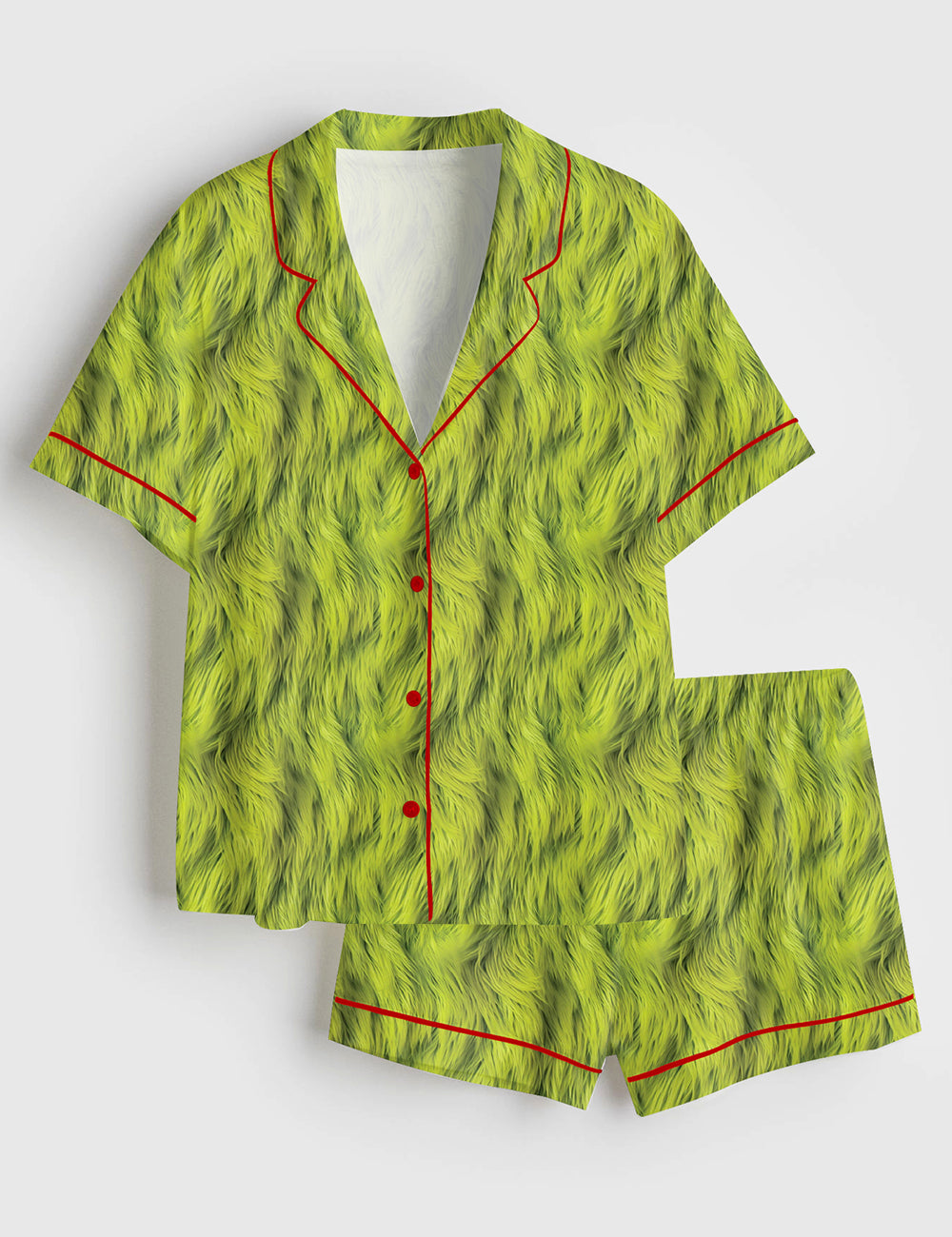 Women’s Christmas Grinch Green Fur Short Sleeve Satin Pajama Set