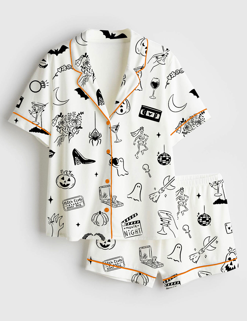 Women’s Hand Drawn Halloween Bachelorette Whimsical Doodles Spooky Clipart for Halloween Movie Night & Witchy Bachelorette Party Invite Short Sleeve Satin Pajama Set