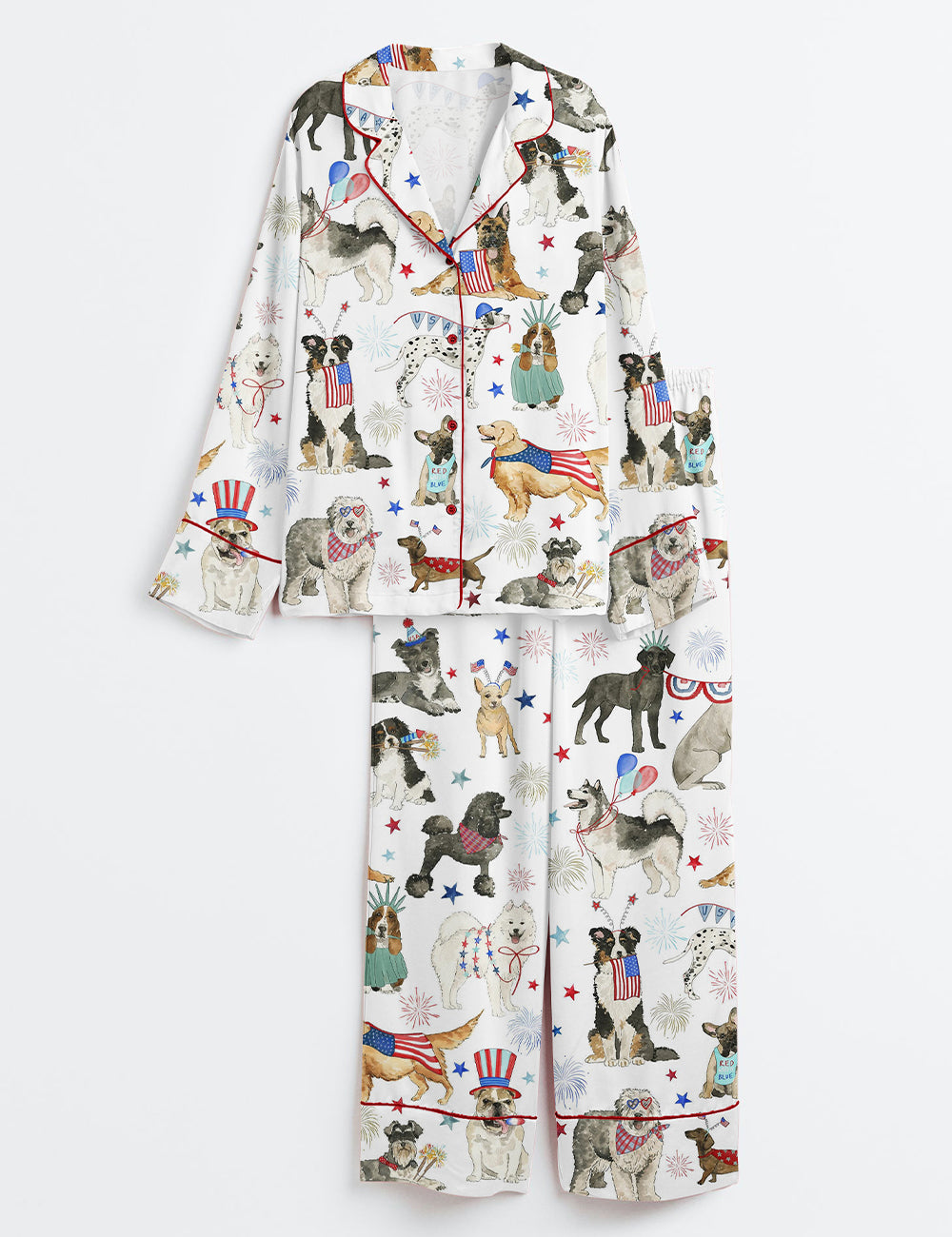 Women’s The 4th Of July Independence Day American Dogs USA Flag Long Sleeve Satin Pajama Set