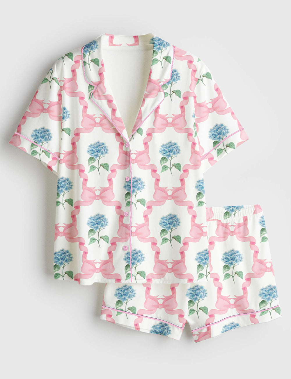 Women’s Blue Hydrangea Pink Ribbon Watercolor Girls Preppy Grandmillenial Delicate Print Short Sleeve Satin Pajama Set