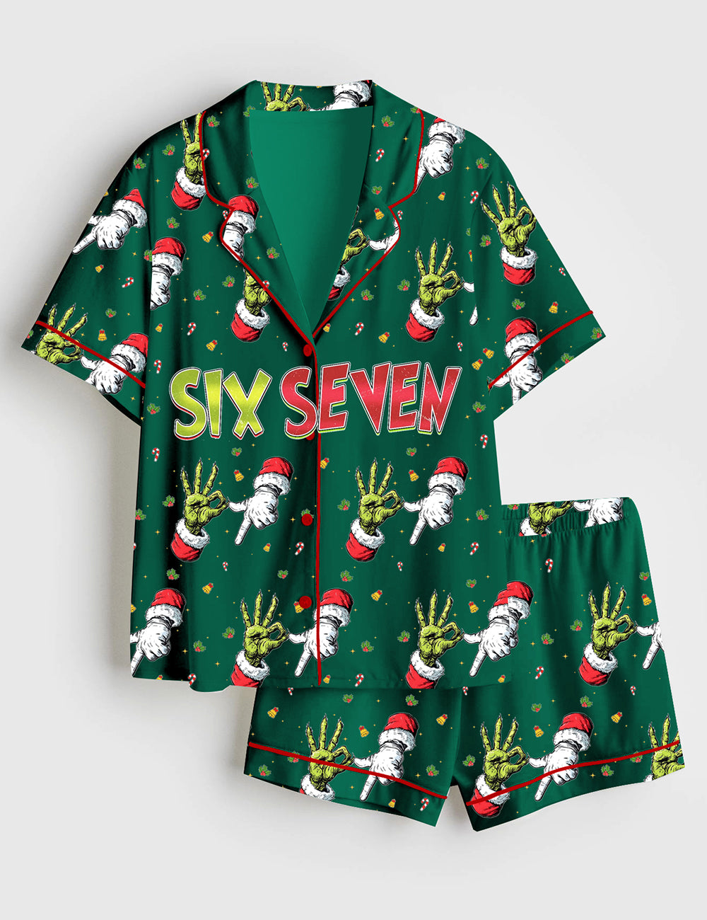 Women’s Trending Six Seven Christmas Grinch Santa Short Sleeve Satin Pajama Set