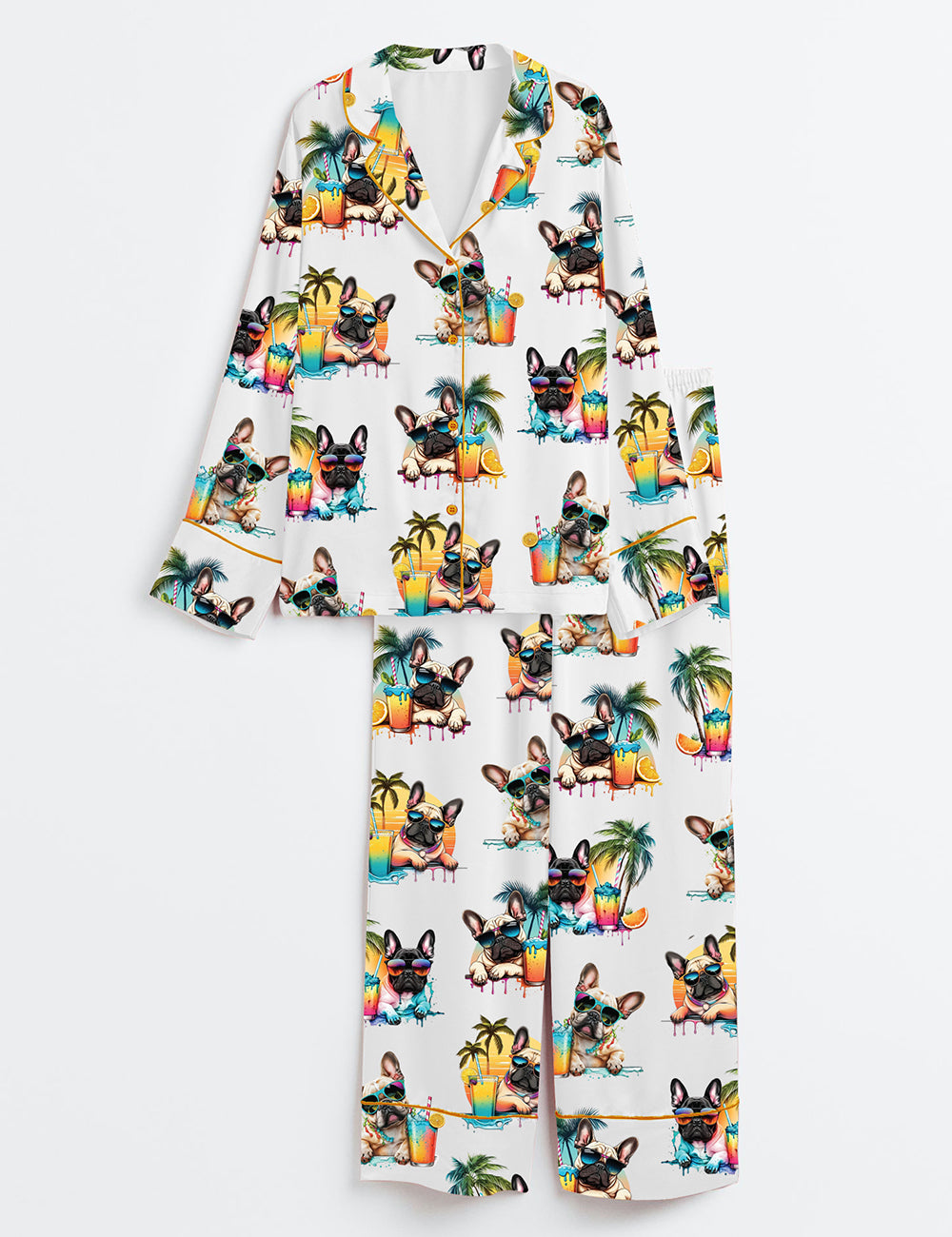 Women’s French Bulldog Cute Frenchie Head Summer Beach Cold Beer Alcohol Print Long Sleeve Satin Pajama Set
