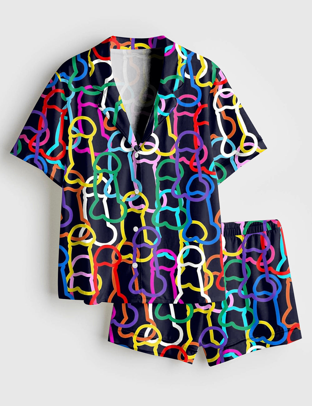 Women’s LGBTQ Gay Pride Rainbow Funny Graffiti Penis Line Art Print Short Sleeve Satin Pajama Set
