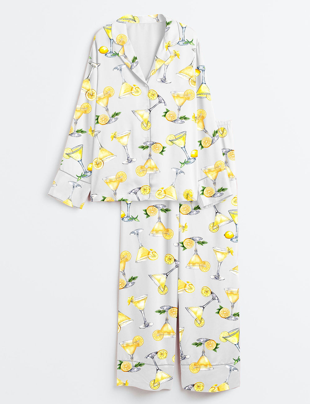 Women’s Lemon Drop Martini Watercolor Cocktail Beverage Alcohol Wedding Clipart Margarita Long Sleeve Satin Pajama Set