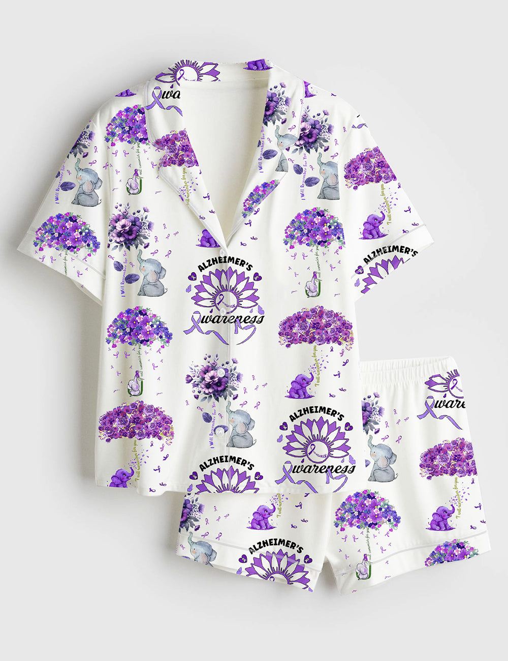Women’s Alzheimer's Awareness Purple Ribbon Alzheimer's Support Purple Flowers Short Sleeve Satin Pajama Set