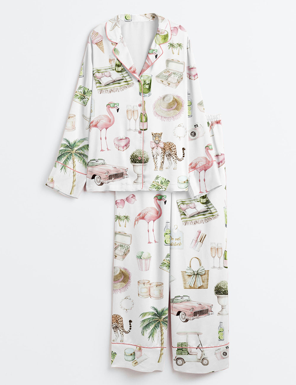 Women’s Watercolor Palm Club Summer Miami Beach Vacation Print Long Sleeve Satin Pajama Set