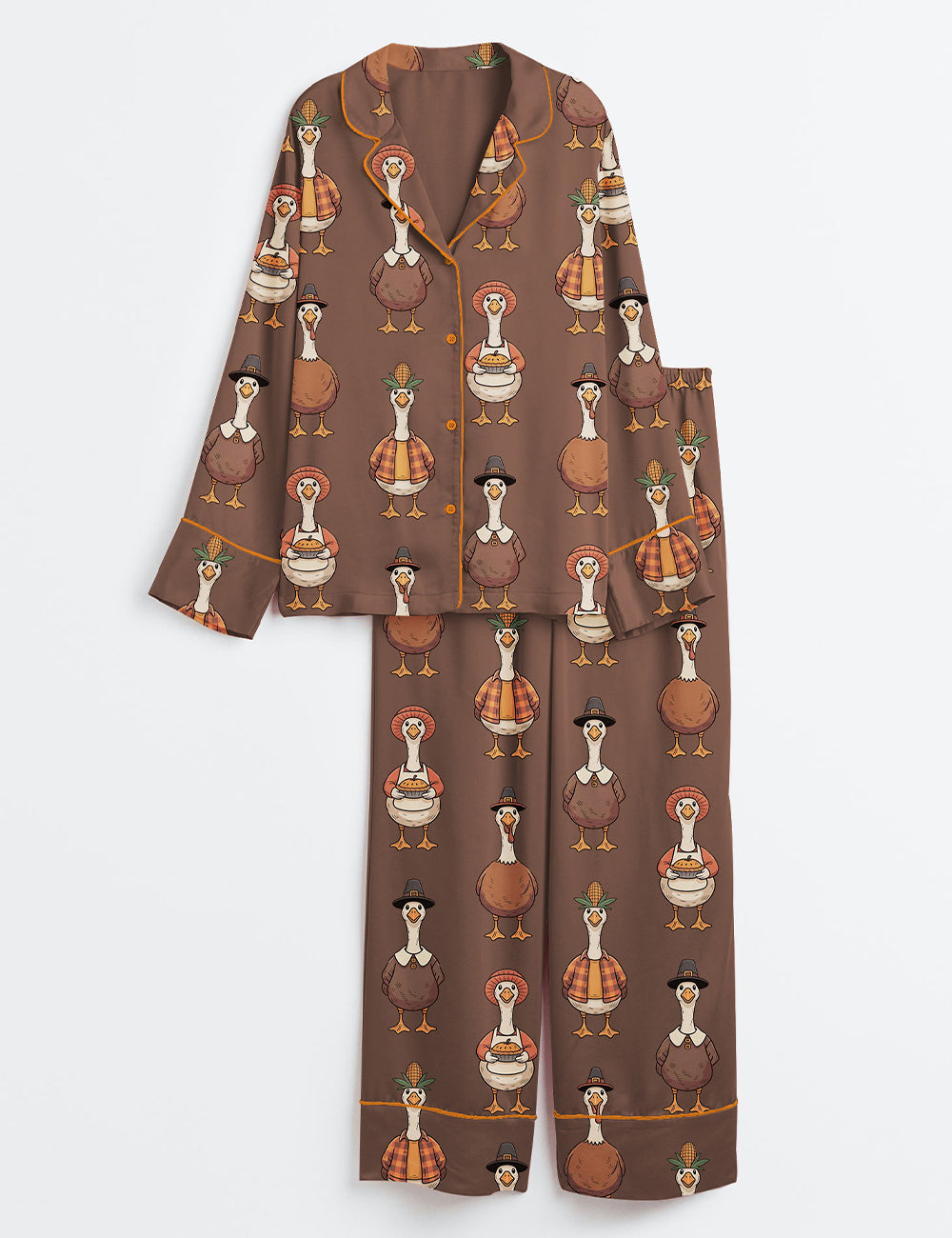 Women’s Just A Thankful Goose Match Thanksgiving Long Sleeve Satin Pajama Set