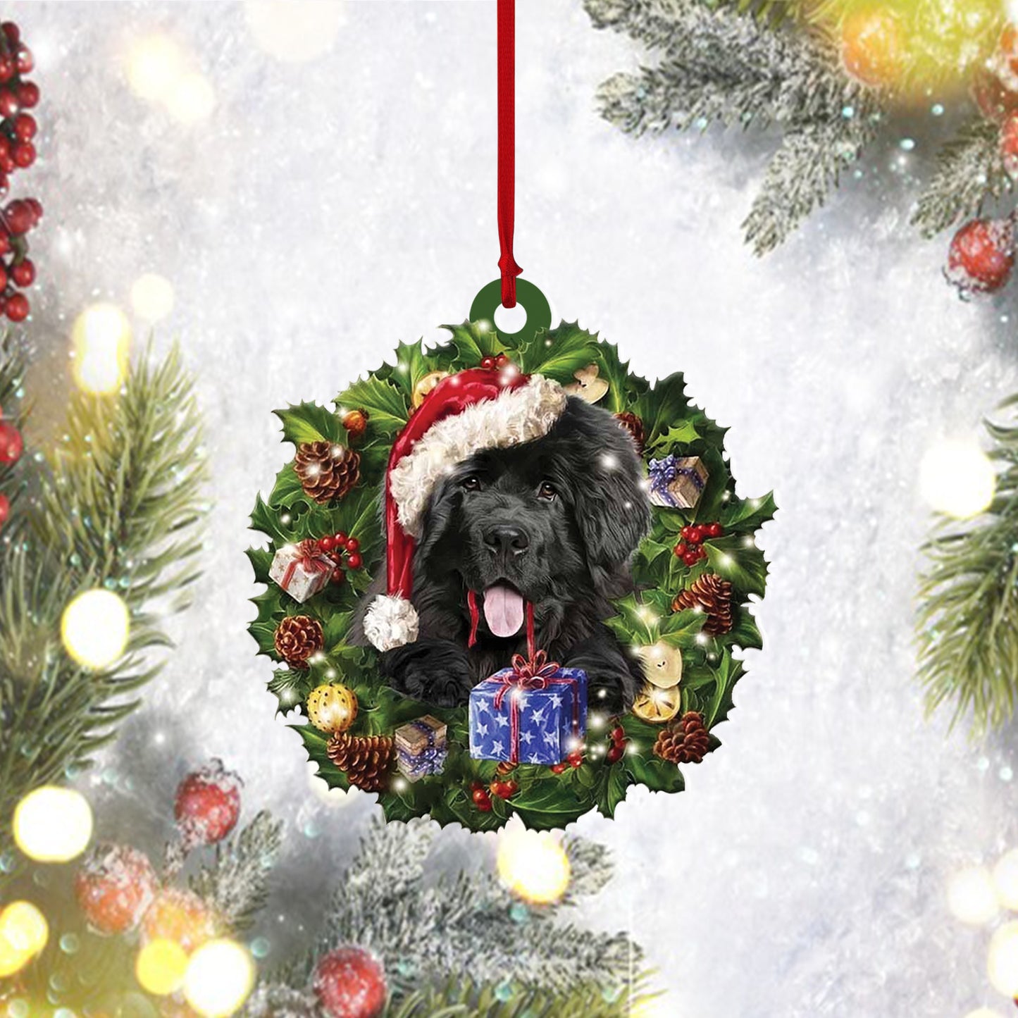 Cute Newfoundland Christmas Wreath Shape Mica Plastic Ornament, Pet Lovers Gift, Christmas Ornament, Christmas Gift, Ornament Decoration, Ornament Christmas - TeeZworldVN