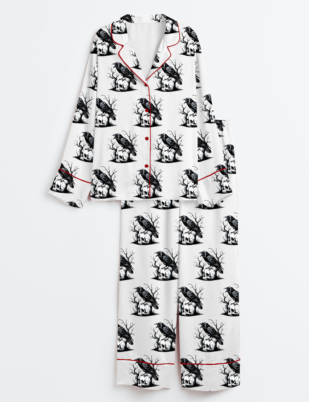 Women’s F-Caw-F Funny Raven Retro Crow Gothic Crow Art Black Crow Long Sleeve Satin Pajama Set