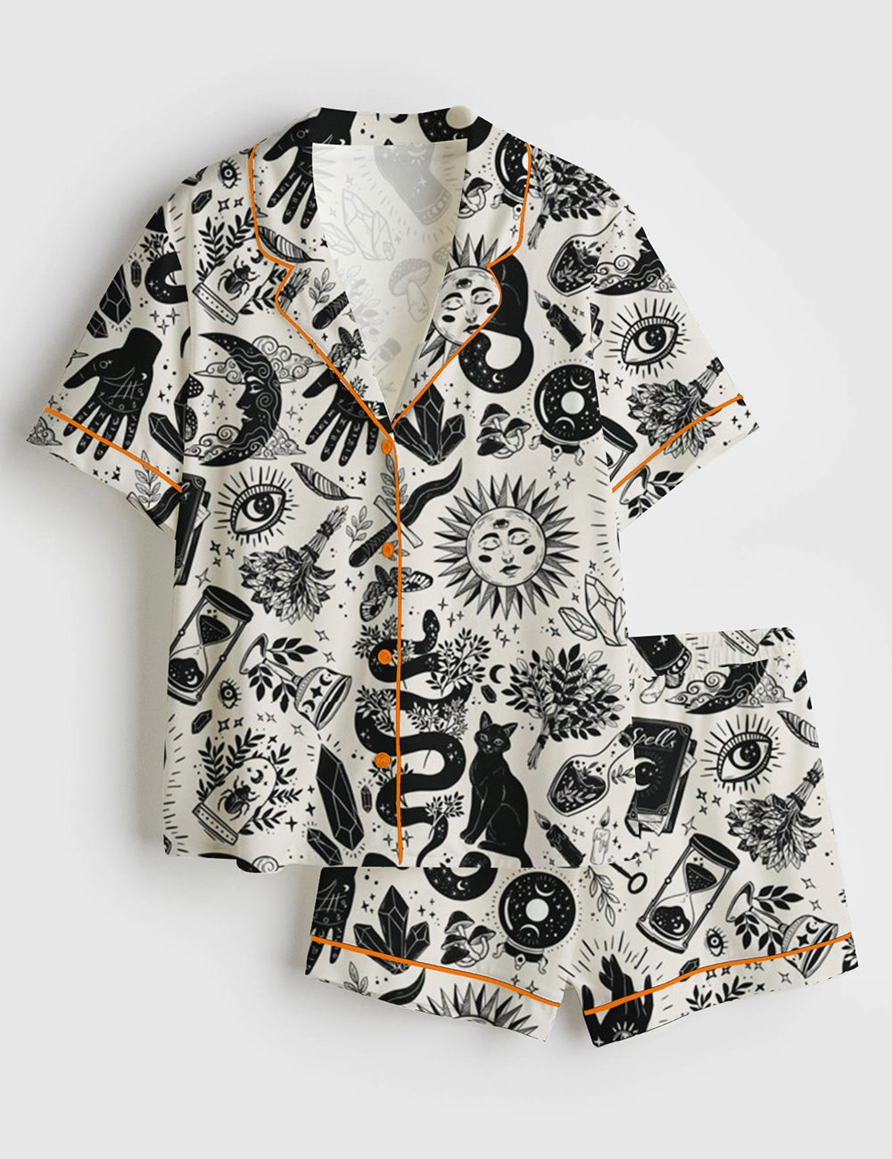 Women’s Witchy Things In Black And White Halloween Cat Short Sleeve Satin Pajama Set