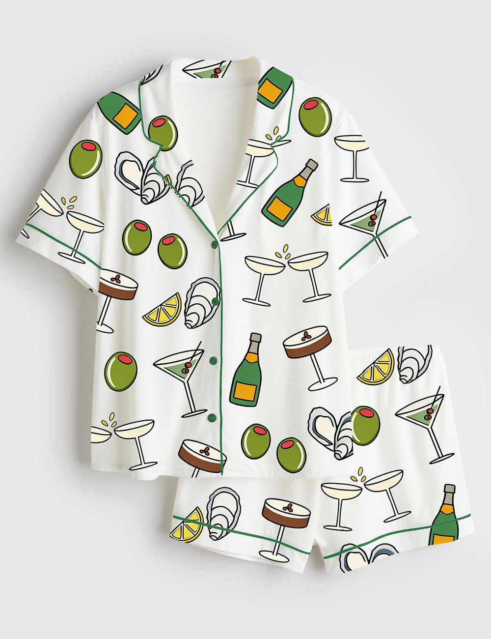 Women’s Cocktail Hour Olives Oysters Cheers Tini Time Champagne Print Short Sleeve Satin Pajama Set