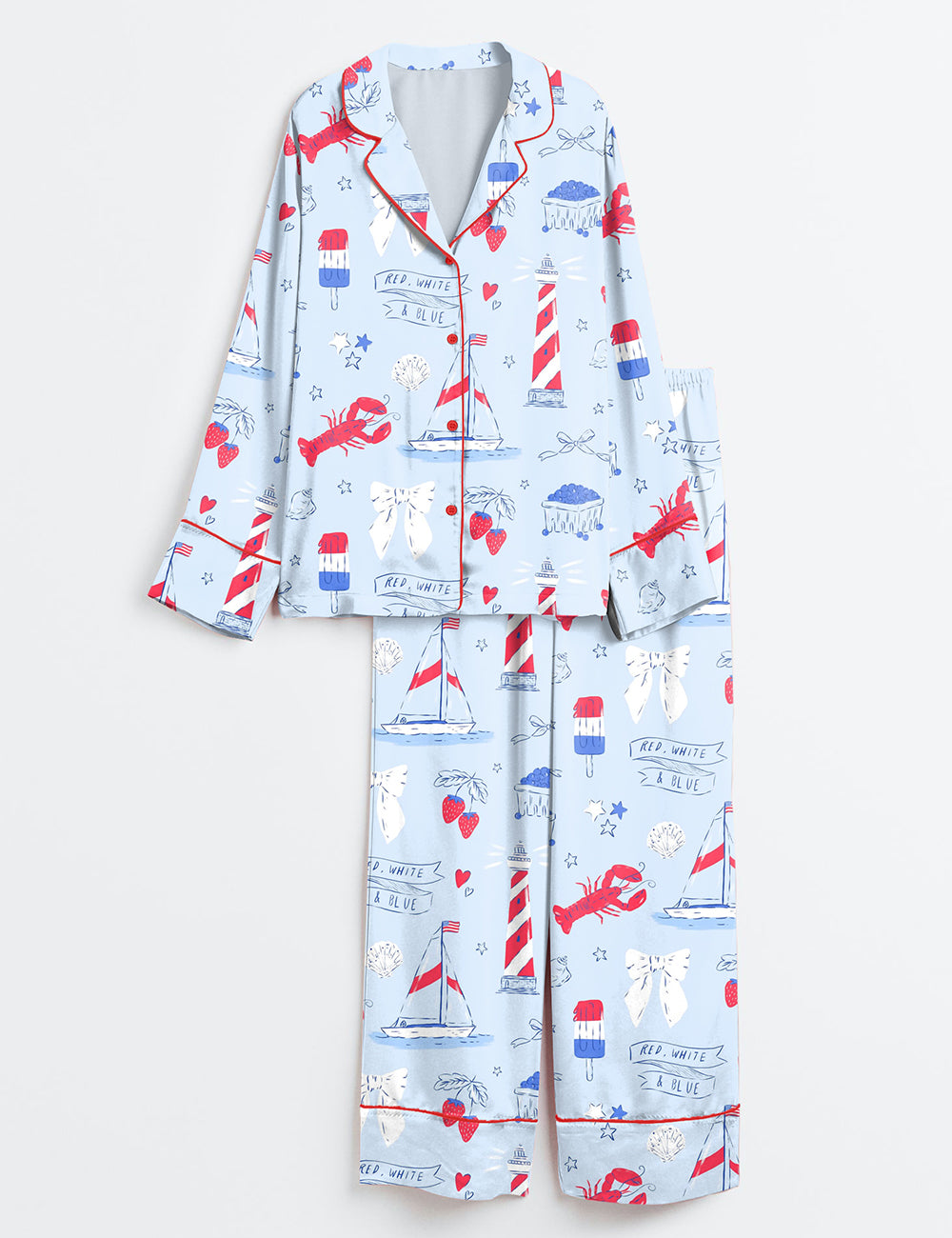 Women’s Summer Americana East Coast Red White And Blue Patriotic 4th Of July Long Sleeve Satin Pajama Set