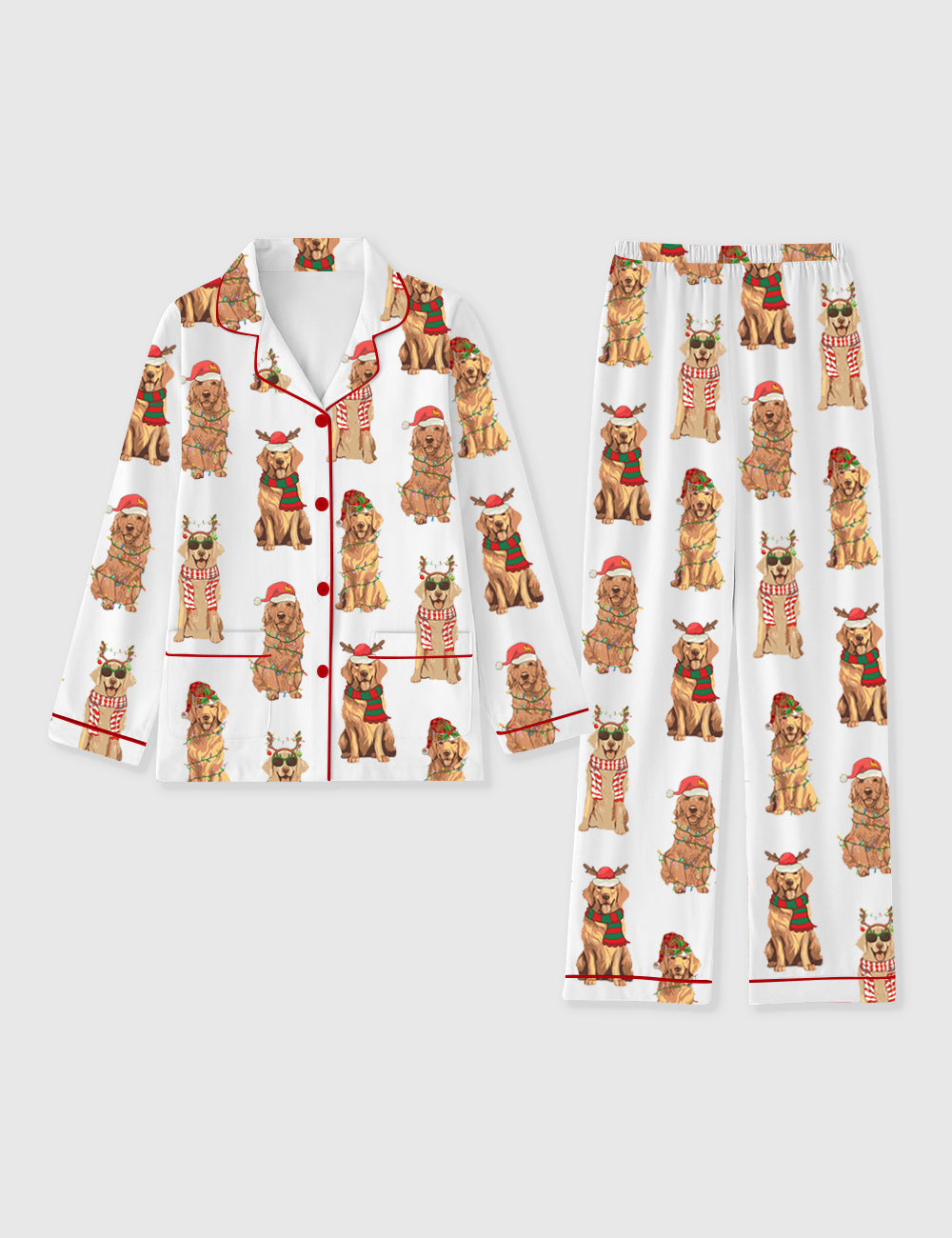 Women's Golden Retriever Christmas Long Sleeve Pocket Cotton Pajama Set