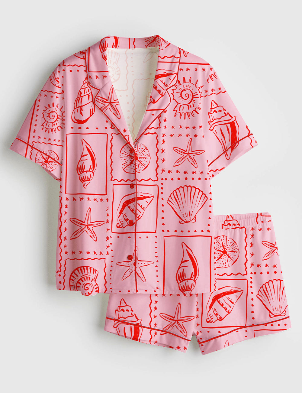 Women’s Repetitive Pink Seashells Summer Preppy Print Short Sleeve Satin Pajama Set