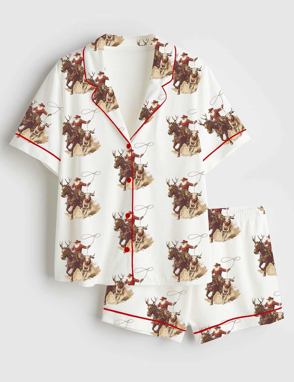 Women’s Vintage Cowboy Santa Western Roping Christmas Short Sleeve Satin Pajama Set