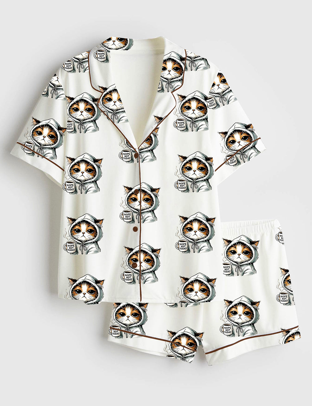 Women’s Nope Not Today Cute Cat Funny Cats Lover Print Short Sleeve Satin Pajama Set