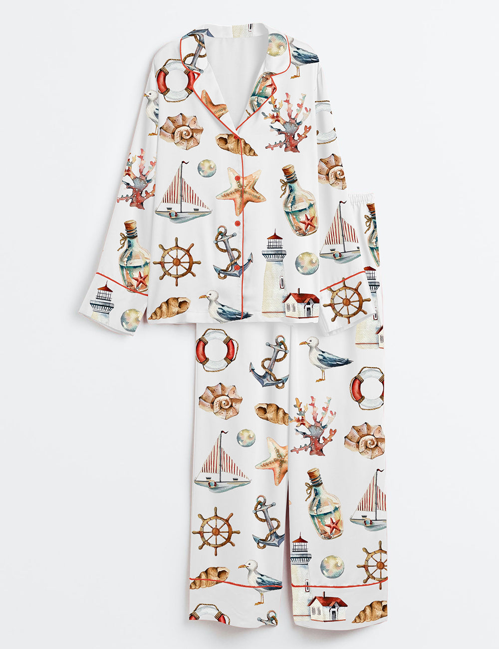 Women’s Watercolor Sea Illustrations Long Sleeve Satin Pajama Set