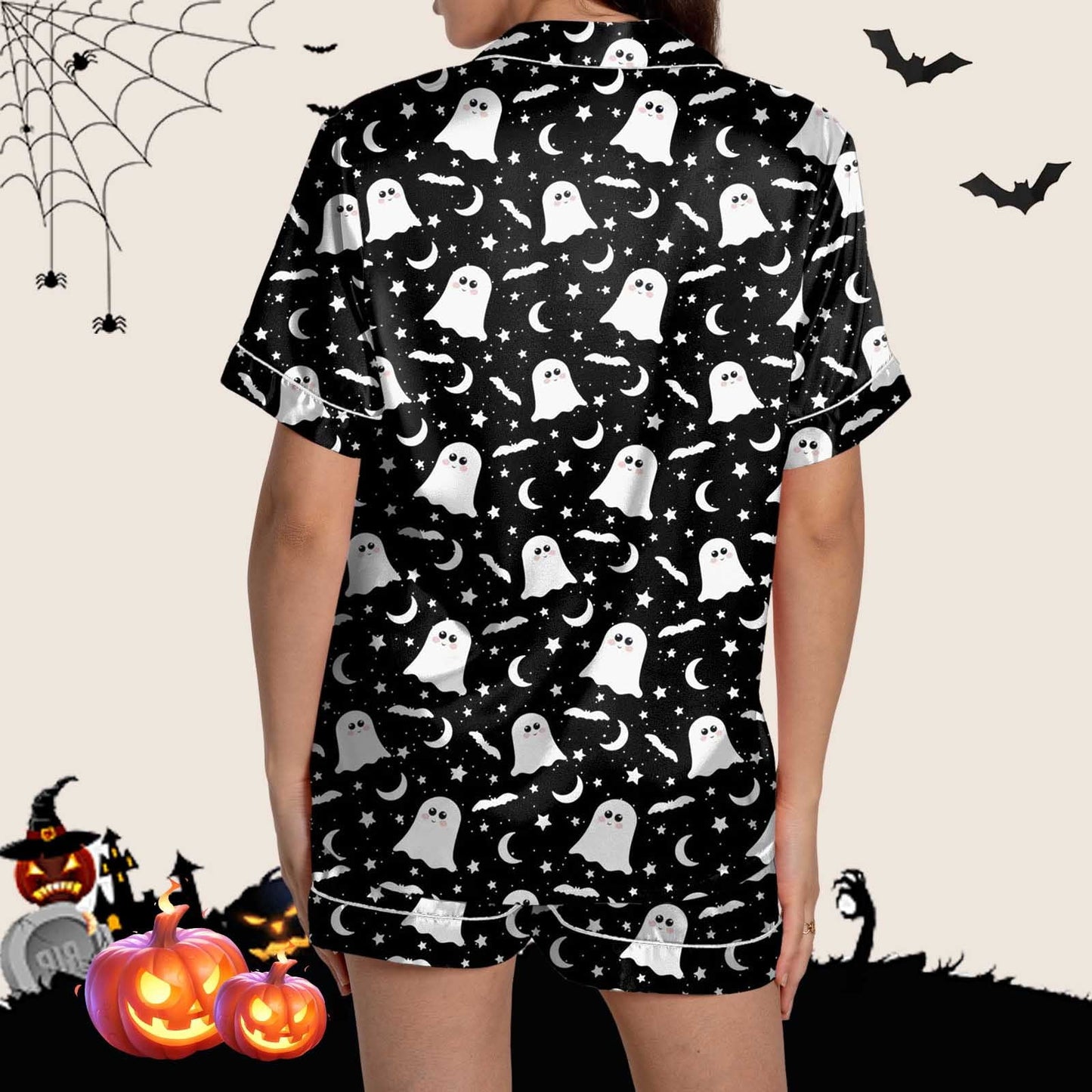 FADAACAI Womens Pajama Sets Women Pajamas Graphic Printed Silk Satin Cute Sleepwear Buttons Short Sleeve Tops Shorts Sets Silk Pajamas For Women Womens Loungewear Set Black S Clearance?