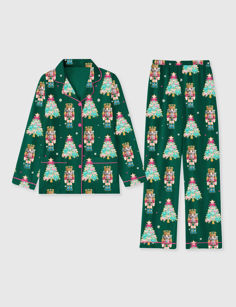 Women's Christmas Tree Nutcracker Coquette Preppy Holiday Long Sleeve Pocket Cotton Pajama Set