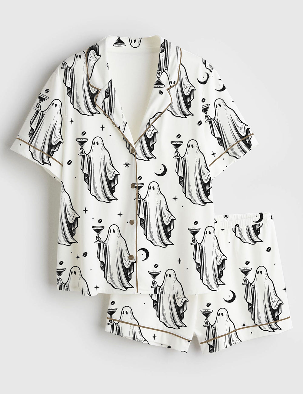 Women’s Halloween Ghost Cocktail Espresso Martini Short Sleeve Satin Pajama Set