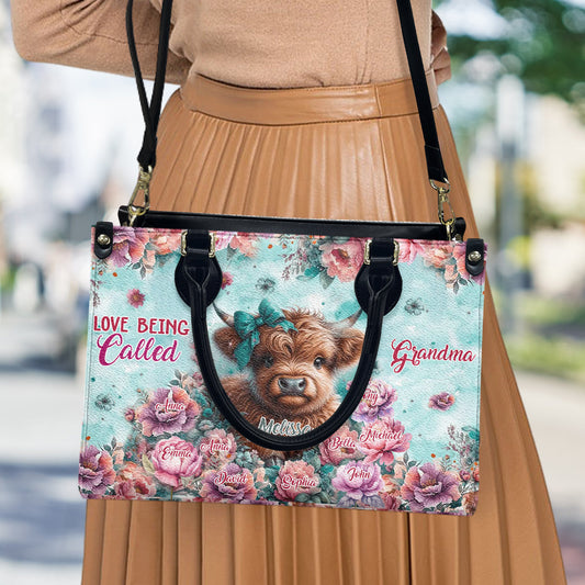 Love Being Called Grandma Highland Cow - Personalized Leather Handbag