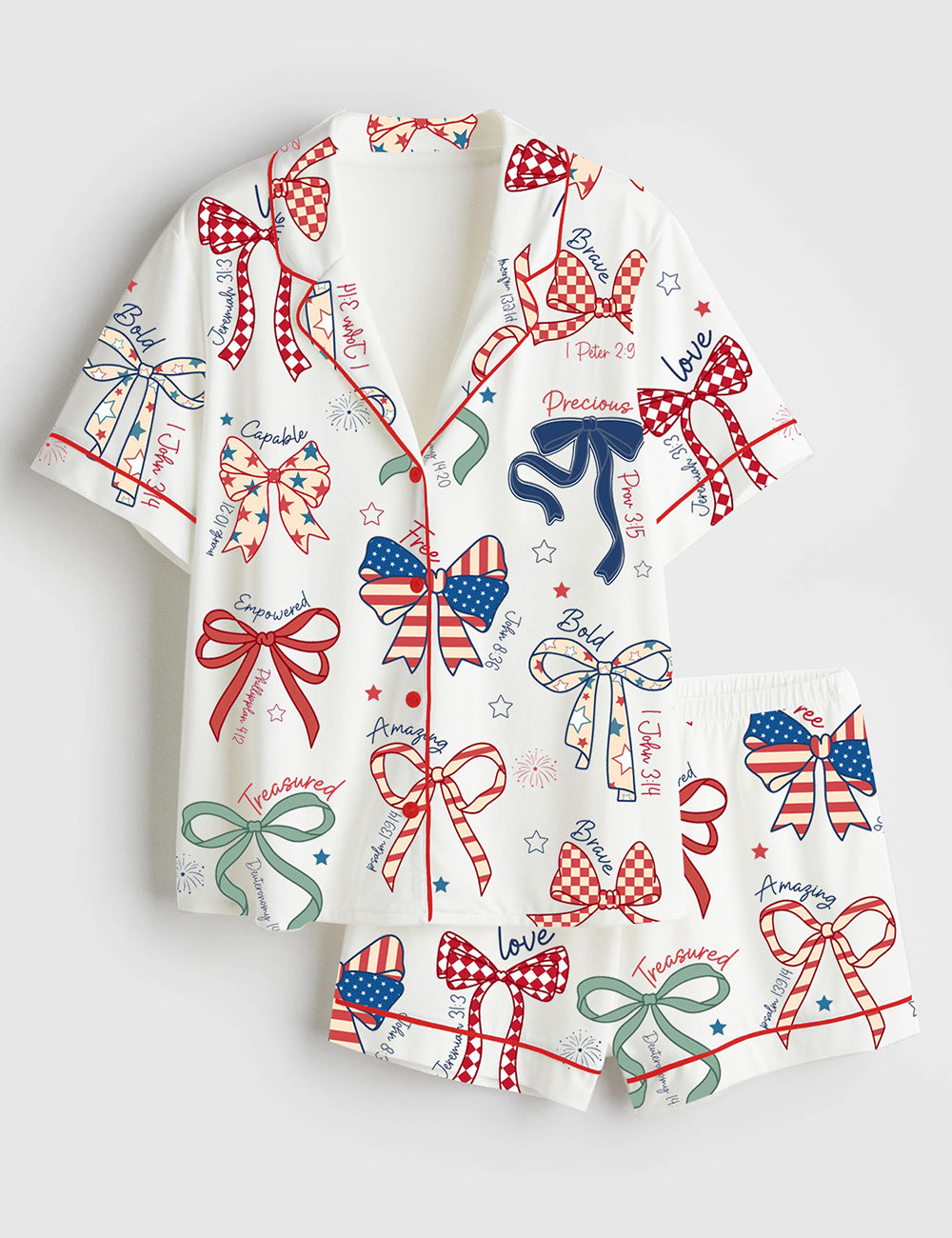 Women’s America Coquette USA 4th Of July Girly Patriotic Independence Day Print Short Sleeve Satin Pajama Set