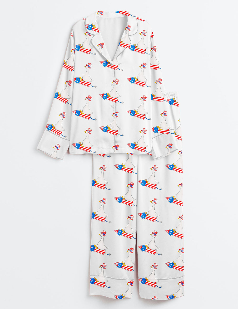 Women’s Funny 4th Of July Funny Goose Independence Day USA Patriotic Firequacker Print Long Sleeve Satin Pajama Set