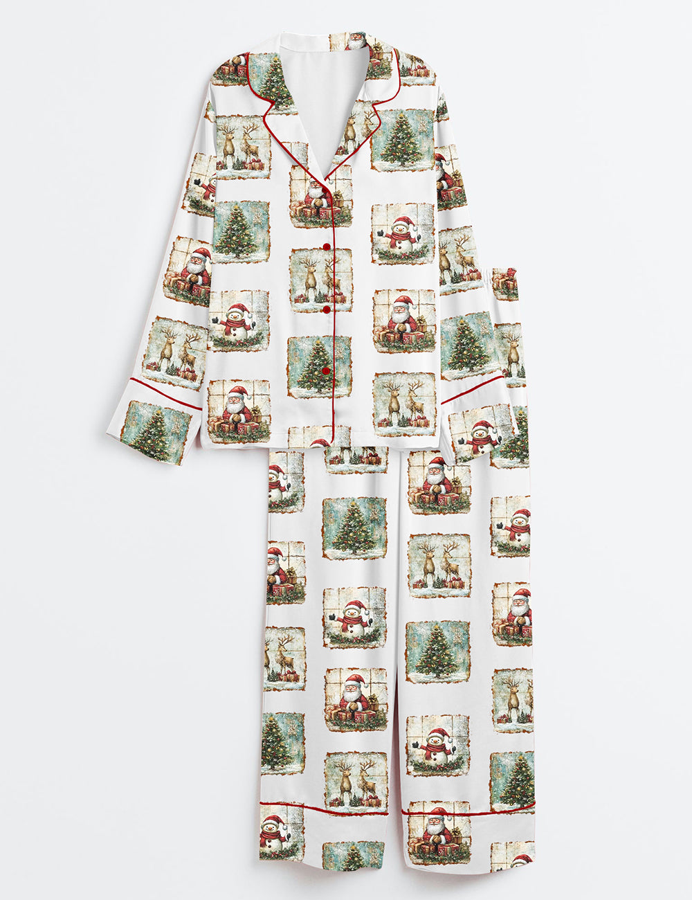 Women’s Retro Christmas Vintage Christmas Santa Claus Long Sleeve Satin Pajama Set