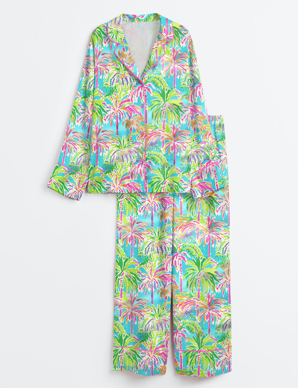 Women’s Preppy Palm Tree Tropical Bright Island Beach Long Sleeve Satin Pajama Set