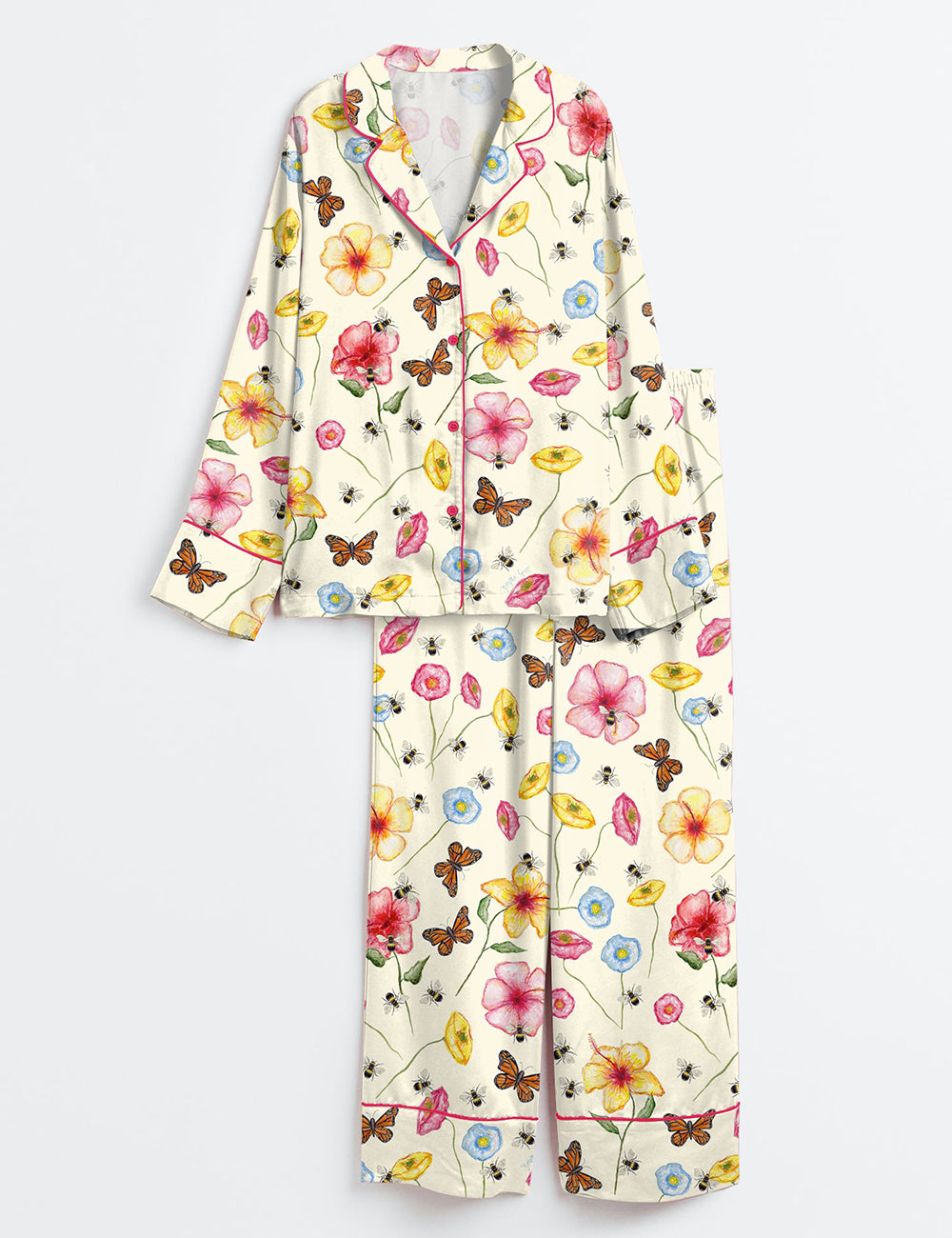 Women’s The Butterflies And Bees Long Sleeve Satin Pajama Set