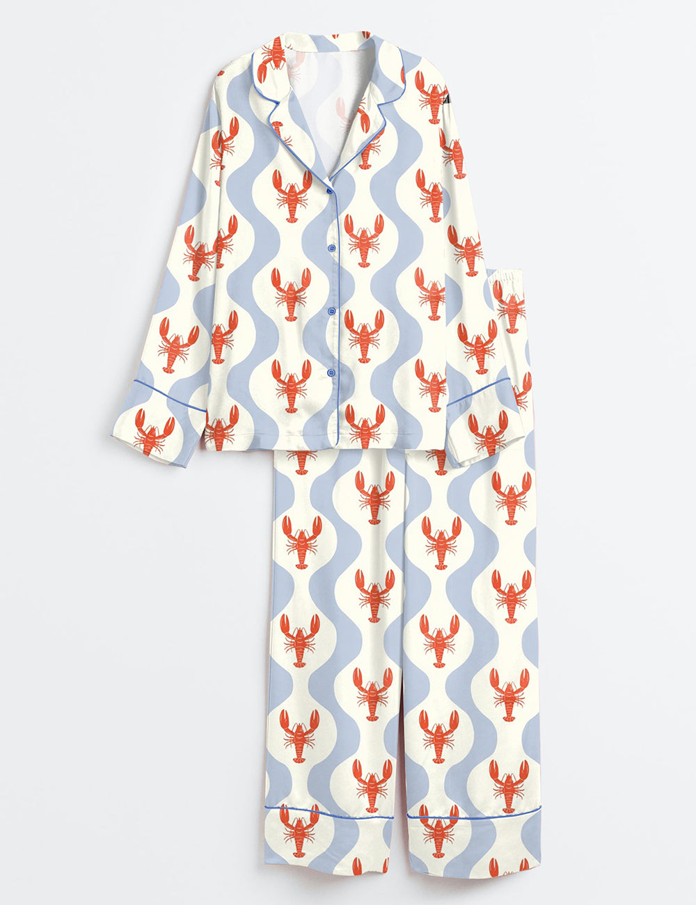 Women’s Whimsical Lobster Nautical Beach Coastal Marine Print Long Sleeve Satin Pajama Set