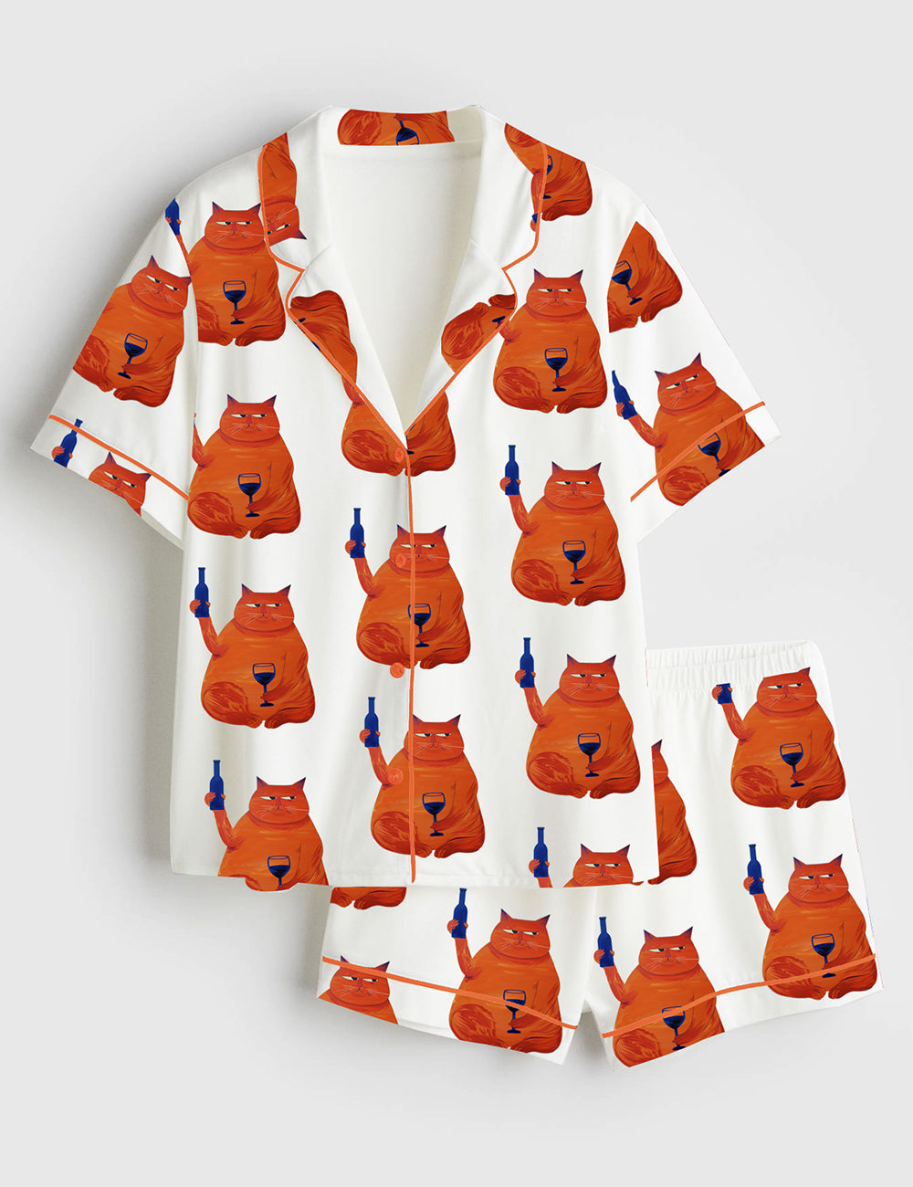 Women’s Cat Wine Cheers Short Sleeve Satin Pajama Set