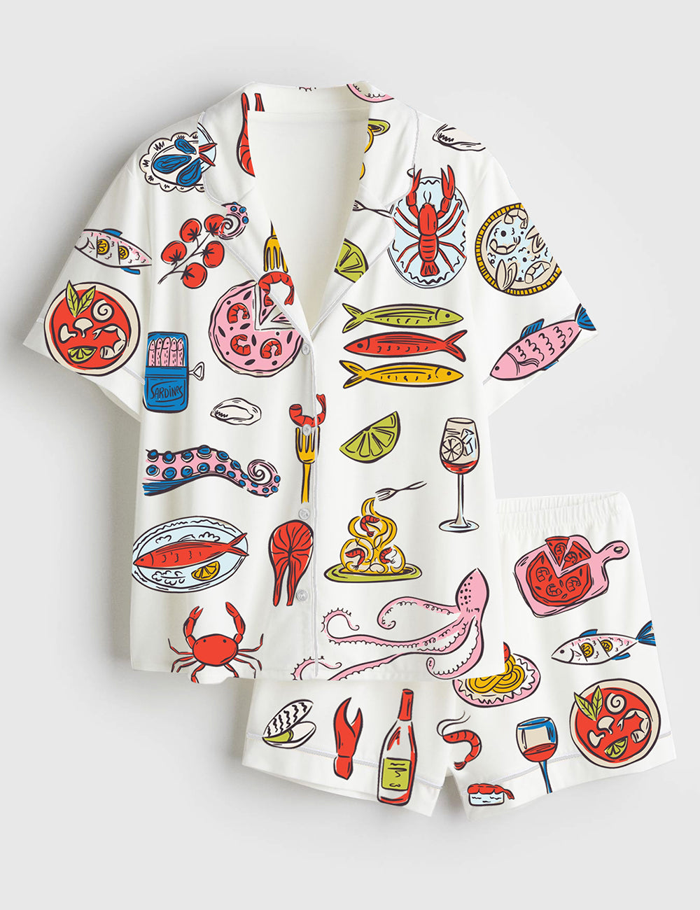 Women’s Seafood Pizza & Italian Food Mediterranean Dinner Short Sleeve Satin Pajama Set