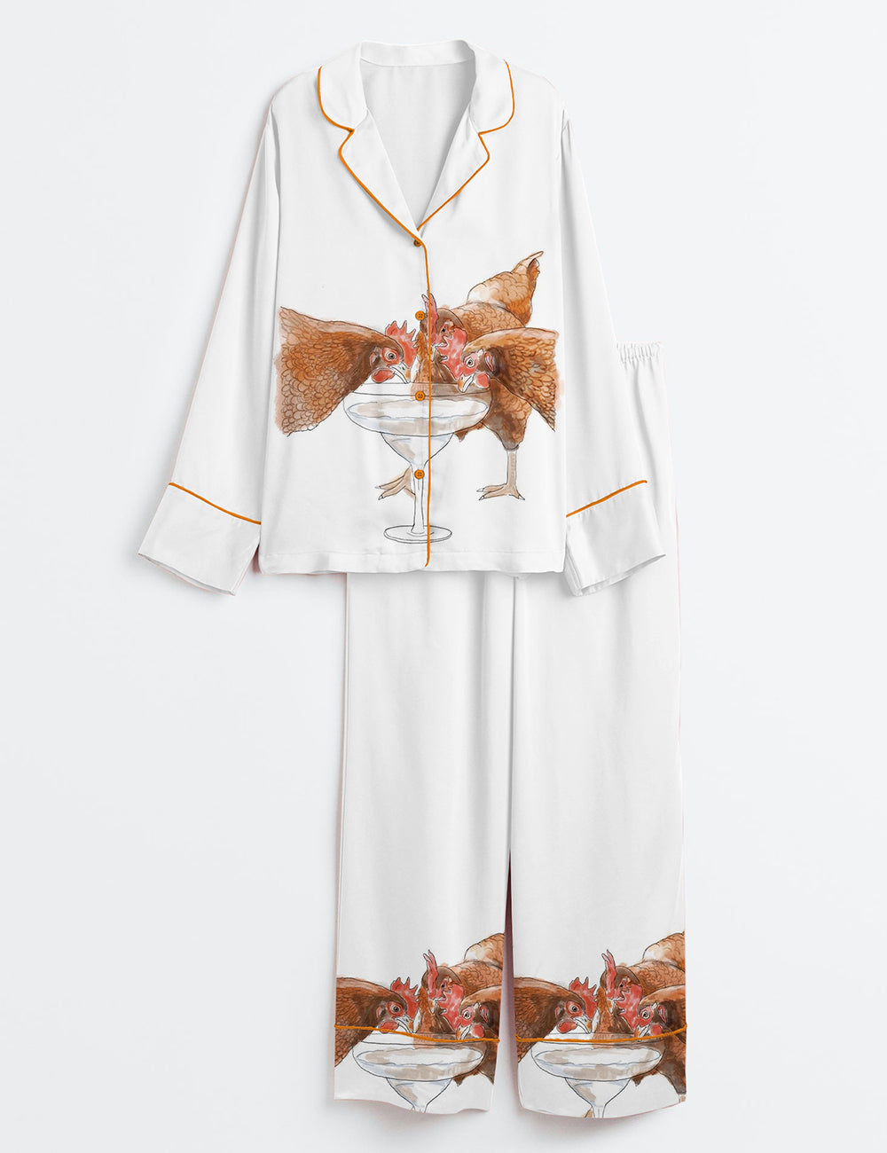 Women’s Western Chicken Drinks Espresso Martini Cocktail Long Sleeve Satin Pajama Set