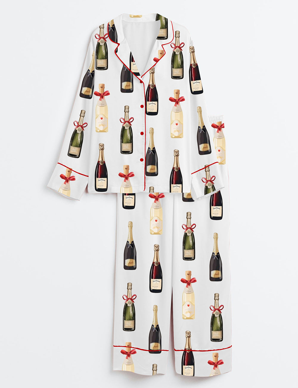 Women’s Christmas Champagne Bottles With Red Bows Long Sleeve Satin Pajama Set