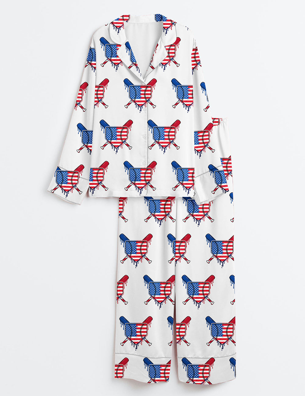 Women’s Baseball Drip Boys Ice Cream Patriotic American Flag 4th Of July Baseball Print Long Sleeve Satin Pajama Set