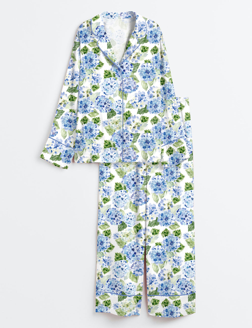 Women’s Blue Hydrangea Floral Long Sleeve Satin Pajama Set