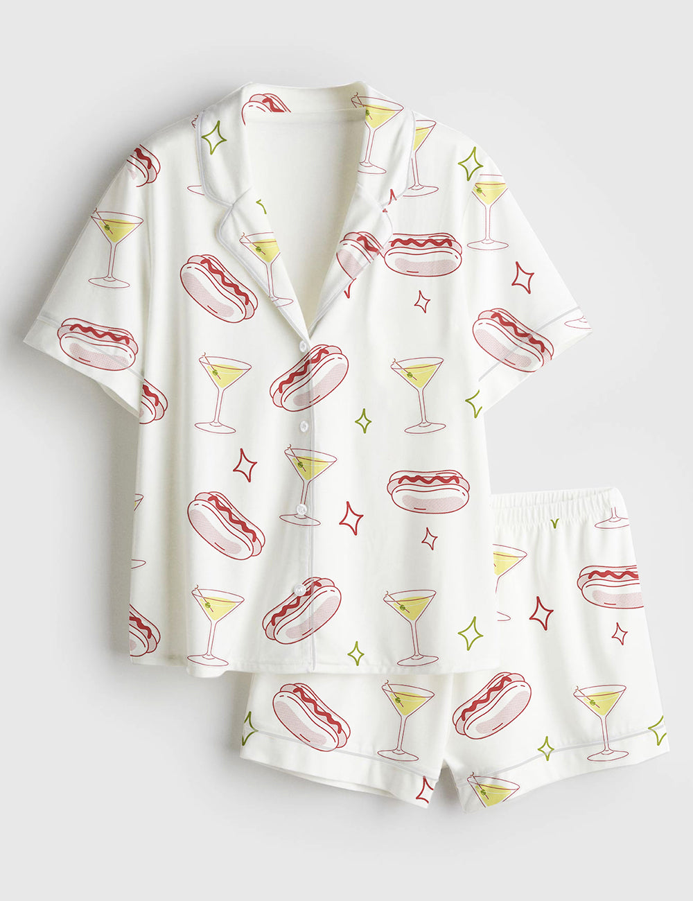 Women’s Weenies And Tinis Bachelorette Hot Dogs And Martinis Print Short Sleeve Satin Pajama Set
