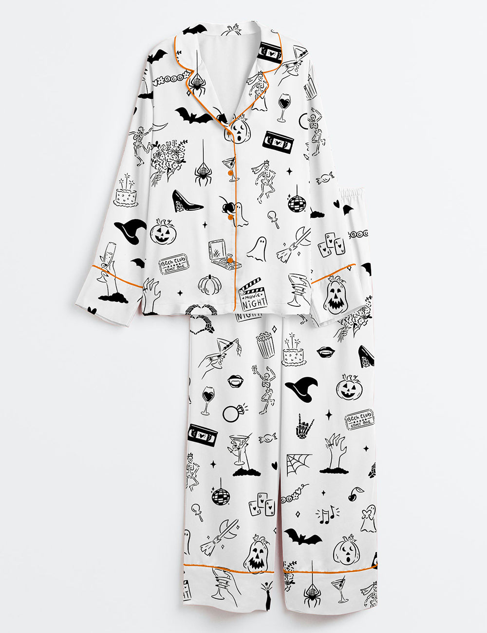 Women’s Hand Drawn Halloween Bachelorette Whimsical Doodles Spooky Clipart for Halloween Movie Night & Witchy Bachelorette Party Invite Long Sleeve Satin Pajama Set