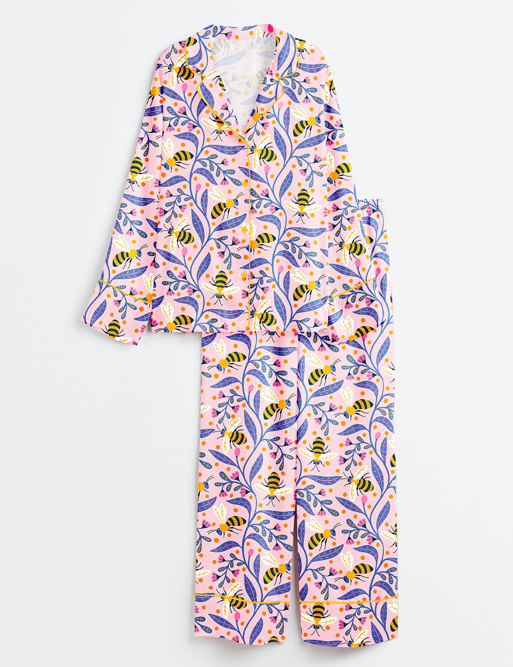 Women's Colorful Bees And Flowers Long Sleeve Satin Pajama Set