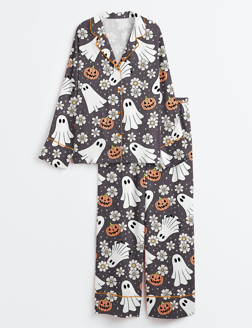 Women’s Floral Halloween Spooky Ghost Pumpkin Long Sleeve Satin Pajama Set