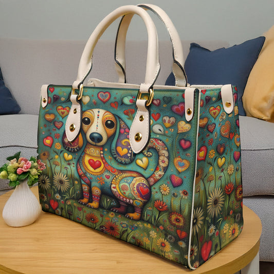 Whimsical Dachshund Leather Bag Heart & Floral