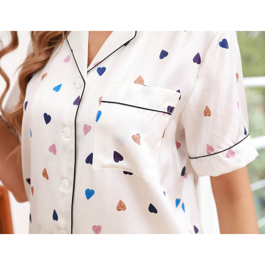 Heart Print Silk Pajamas Shorts Set Mulberry Silk Pyjama Set